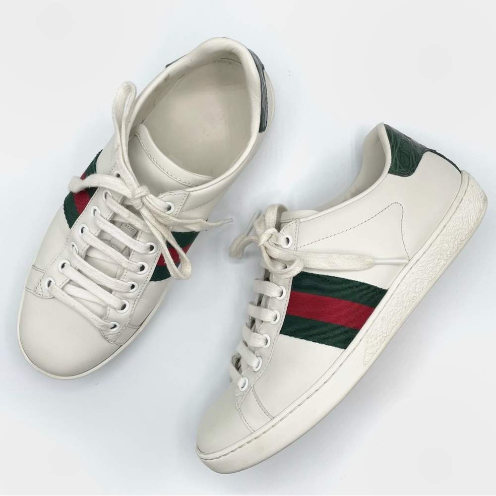 Gucci White Green & Red Web Ace Leather Lace Up Low Top Sneaker Trainers Shoes